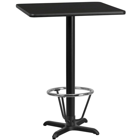 24'' Square Black Laminate Table Top with 22'' x 22'' Bar Height Table Base and Foot Ring XU-BLKTB-2424-T2222B-3CFR-GG