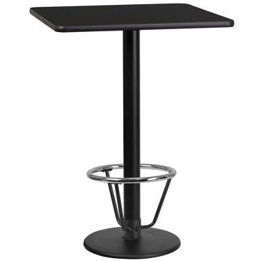 24'' Square Black Laminate Table Top with 18'' Round Bar Height Table Base and Foot Ring XU-BLKTB-2424-TR18B-3CFR-GG