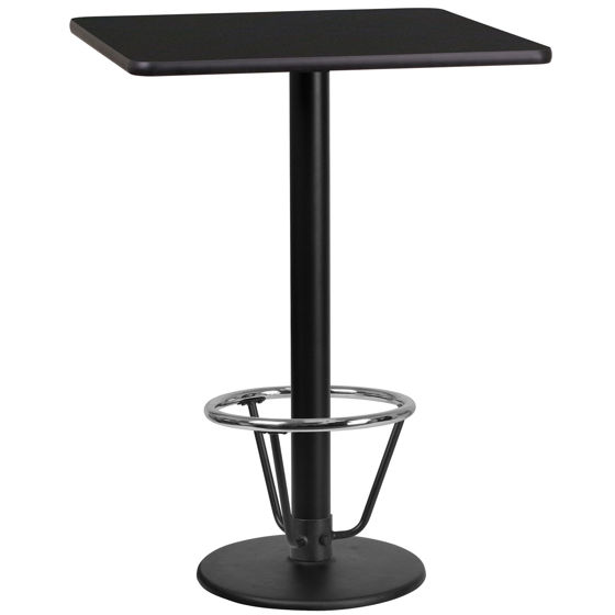 24'' Square Black Laminate Table Top with 18'' Round Bar Height Table Base and Foot Ring XU-BLKTB-2424-TR18B-3CFR-GG