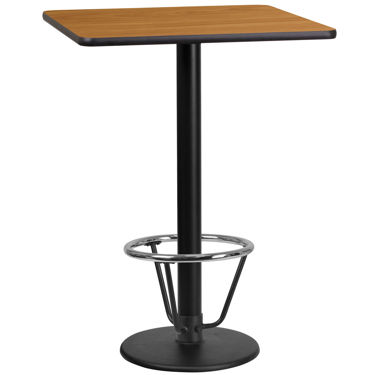 24'' Square Natural Laminate Table Top with 18'' Round Bar Height Table Base and Foot Ring XU-NATTB-2424-TR18B-3CFR-GG