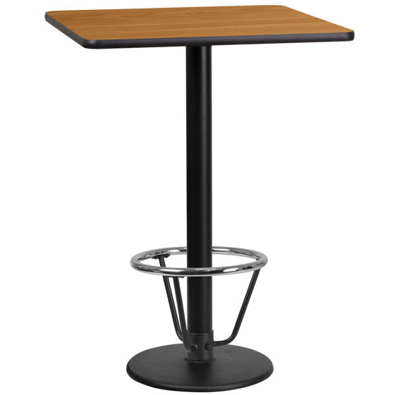 24'' Square Natural Laminate Table Top with 18'' Round Bar Height Table Base and Foot Ring XU-NATTB-2424-TR18B-3CFR-GG