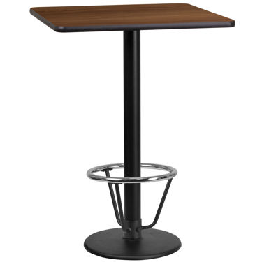 24'' Square Walnut Laminate Table Top with 18'' Round Bar Height Table Base and Foot Ring XU-WALTB-2424-TR18B-3CFR-GG