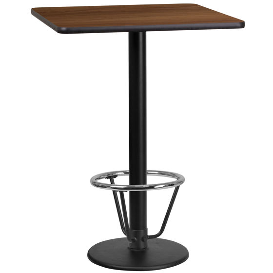 24'' Square Walnut Laminate Table Top with 18'' Round Bar Height Table Base and Foot Ring XU-WALTB-2424-TR18B-3CFR-GG
