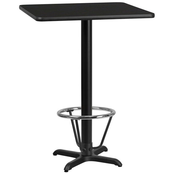 30'' Square Black Laminate Table Top with 22'' x 22'' Bar Height Table Base and Foot Ring XU-BLKTB-3030-T2222B-3CFR-GG