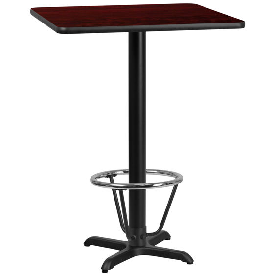 30'' Square Mahogany Laminate Table Top with 22'' x 22'' Bar Height Table Base and Foot Ring XU-MAHTB-3030-T2222B-3CFR-GG