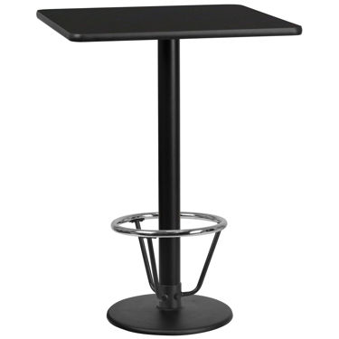 30'' Square Black Laminate Table Top with 18'' Round Bar Height Table Base and Foot Ring XU-BLKTB-3030-TR18B-3CFR-GG