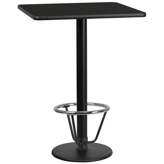 30'' Square Black Laminate Table Top with 18'' Round Bar Height Table Base and Foot Ring XU-BLKTB-3030-TR18B-3CFR-GG