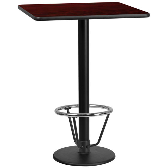30'' Square Mahogany Laminate Table Top with 18'' Round Bar Height Table Base and Foot Ring XU-MAHTB-3030-TR18B-3CFR-GG