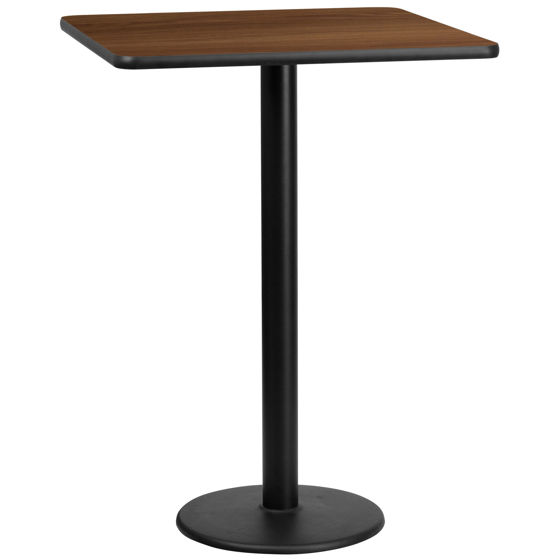 30'' Square Walnut Laminate Table Top with 18'' Round Bar Height Table Base XU-WALTB-3030-TR18B-GG