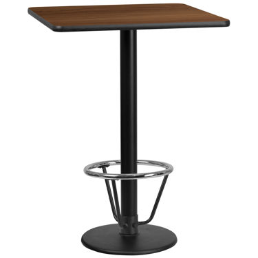 30'' Square Walnut Laminate Table Top with 18'' Round Bar Height Table Base and Foot Ring XU-WALTB-3030-TR18B-3CFR-GG