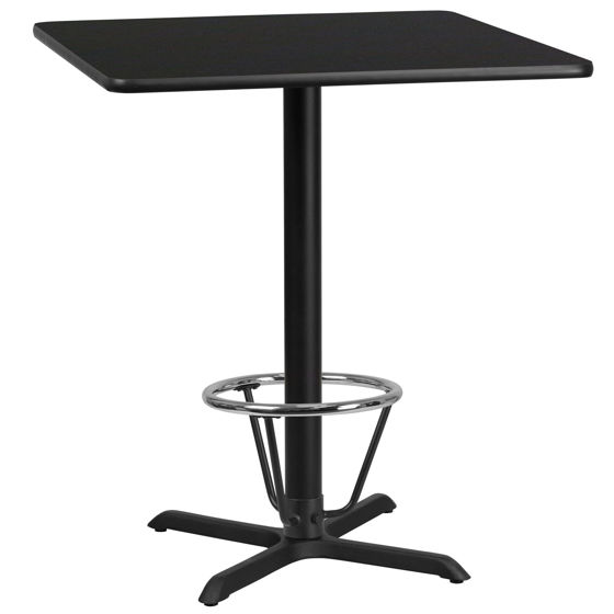 36'' Square Black Laminate Table Top with 30'' x 30'' Bar Height Table Base and Foot Ring XU-BLKTB-3636-T3030B-3CFR-GG