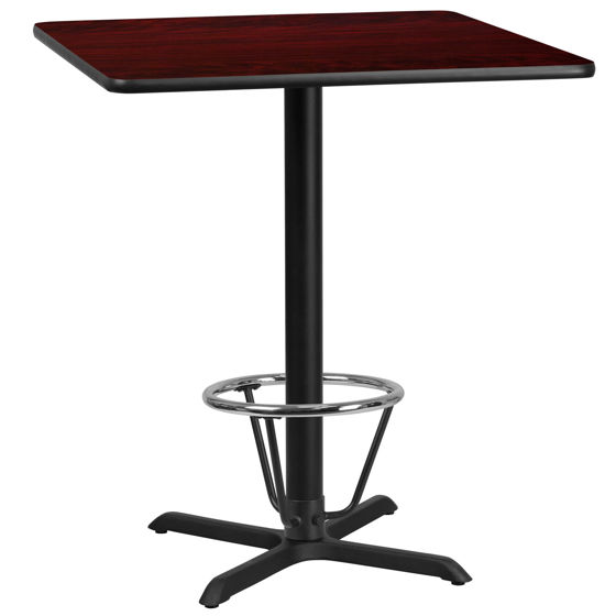 36'' Square Mahogany Laminate Table Top with 30'' x 30'' Bar Height Table Base and Foot Ring XU-MAHTB-3636-T3030B-3CFR-GG