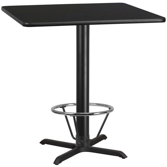 42'' Square Black Laminate Table Top with 33'' x 33'' Bar Height Table Base and Foot Ring XU-BLKTB-4242-T3333B-4CFR-GG
