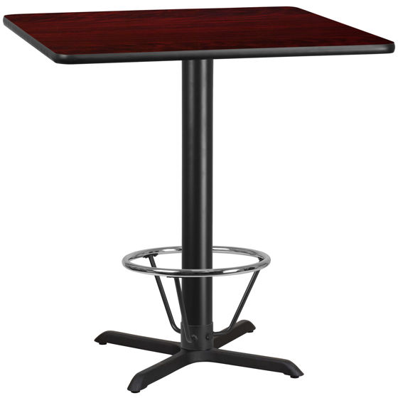 42'' Square Mahogany Laminate Table Top with 33'' x 33'' Bar Height Table Base and Foot Ring XU-MAHTB-4242-T3333B-4CFR-GG