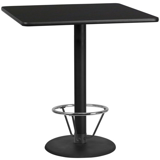 42'' Square Black Laminate Table Top with 24'' Round Bar Height Table Base and Foot Ring XU-BLKTB-4242-TR24B-4CFR-GG