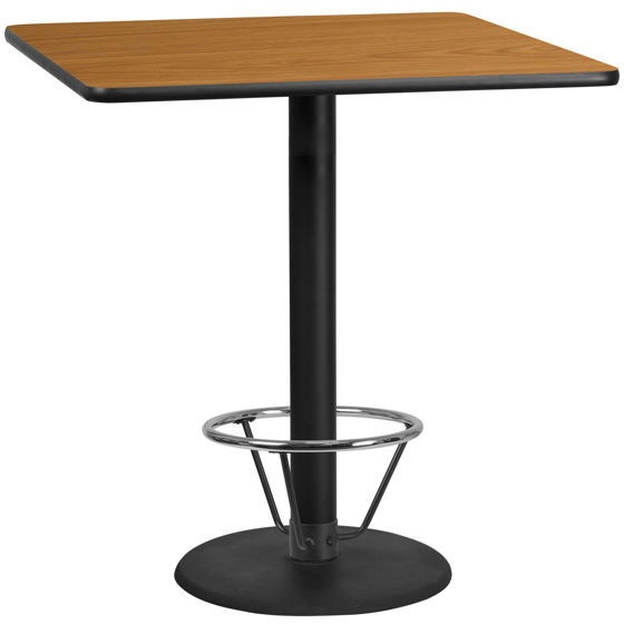 42'' Square Natural Laminate Table Top with 24'' Round Bar Height Table Base and Foot Ring XU-NATTB-4242-TR24B-4CFR-GG
