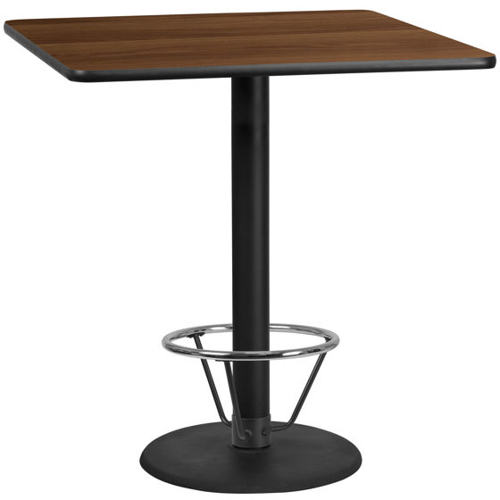 42'' Square Walnut Laminate Table Top with 24'' Round Bar Height Table Base and Foot Ring XU-WALTB-4242-TR24B-4CFR-GG