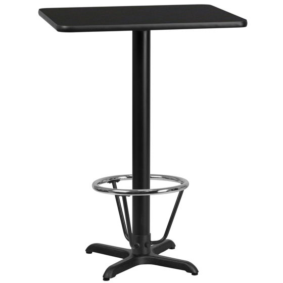 24'' x 30'' Rectangular Black Laminate Table Top with 22'' x 22'' Bar Height Table Base and Foot Ring XU-BLKTB-2430-T2222B-3CFR-GG