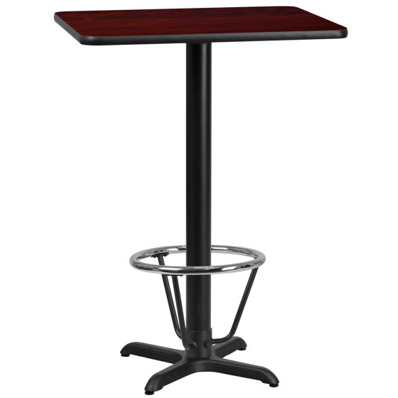 24'' x 30'' Rectangular Mahogany Laminate Table Top with 22'' x 22'' Bar Height Table Base and Foot Ring XU-MAHTB-2430-T2222B-3CFR-GG