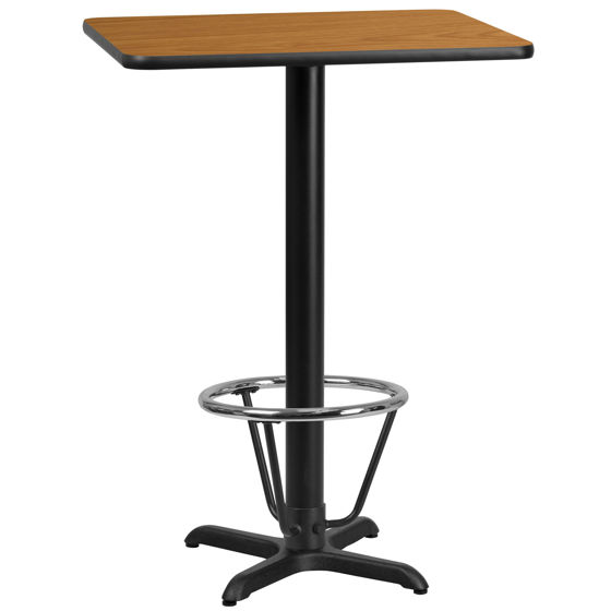 24'' x 30'' Rectangular Natural Laminate Table Top with 22'' x 22'' Bar Height Table Base and Foot Ring XU-NATTB-2430-T2222B-3CFR-GG