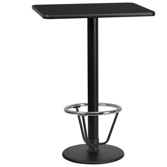24'' x 30'' Rectangular Black Laminate Table Top with 18'' Round Bar Height Table Base and Foot Ring XU-BLKTB-2430-TR18B-3CFR-GG