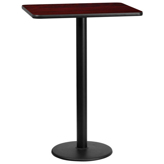 24'' x 30'' Rectangular Mahogany Laminate Table Top with 18'' Round Bar Height Table Base XU-MAHTB-2430-TR18B-GG
