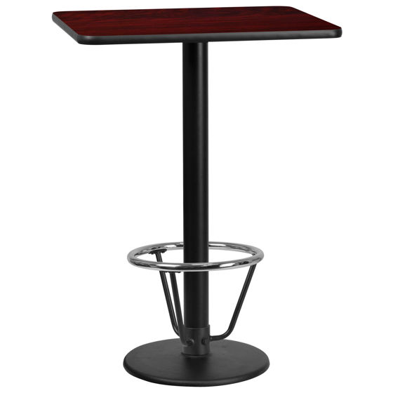 24'' x 30'' Rectangular Mahogany Laminate Table Top with 18'' Round Bar Height Table Base and Foot Ring XU-MAHTB-2430-TR18B-3CFR-GG