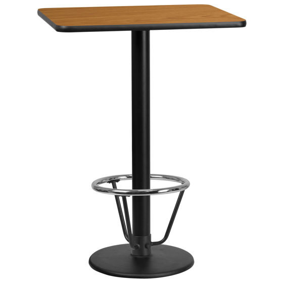24'' x 30'' Rectangular Natural Laminate Table Top with 18'' Round Bar Height Table Base and Foot Ring XU-NATTB-2430-TR18B-3CFR-GG