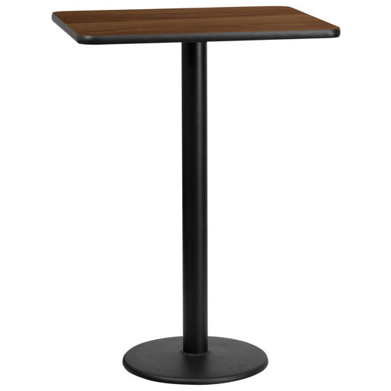 24'' x 30'' Rectangular Walnut Laminate Table Top with 18'' Round Bar Height Table Base XU-WALTB-2430-TR18B-GG