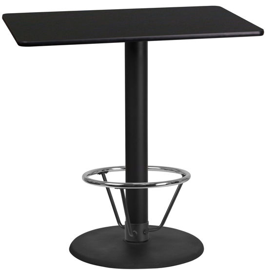 24'' x 42'' Rectangular Black Laminate Table Top with 24'' Round Bar Height Table Base and Foot Ring XU-BLKTB-2442-TR24B-4CFR-GG