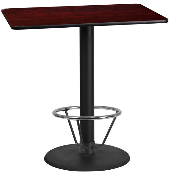 24'' x 42'' Rectangular Mahogany Laminate Table Top with 24'' Round Bar Height Table Base and Foot Ring XU-MAHTB-2442-TR24B-4CFR-GG