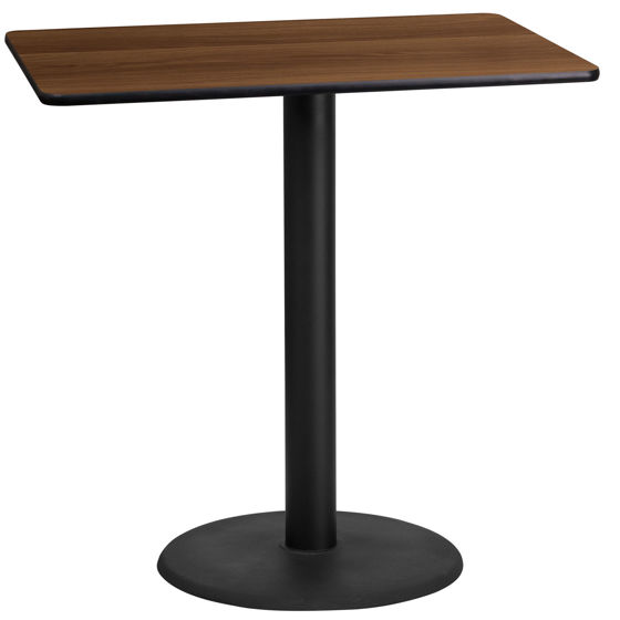 24'' x 42'' Rectangular Walnut Laminate Table Top with 24'' Round Bar Height Table Base XU-WALTB-2442-TR24B-GG
