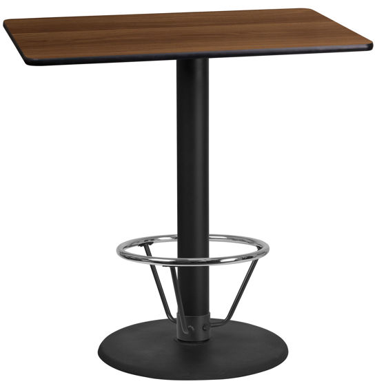 24'' x 42'' Rectangular Walnut Laminate Table Top with 24'' Round Bar Height Table Base and Foot Ring XU-WALTB-2442-TR24B-4CFR-GG