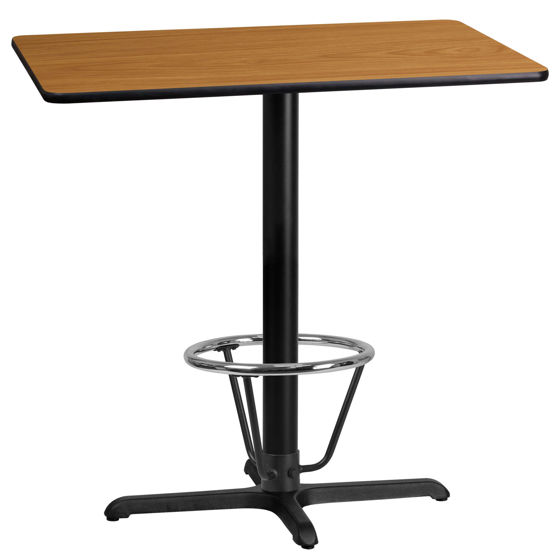 24'' x 42'' Rectangular Natural Laminate Table Top with 23.5'' x 29.5'' Bar Height Table Base and Foot Ring XU-NATTB-2442-T2230B-3CFR-GG