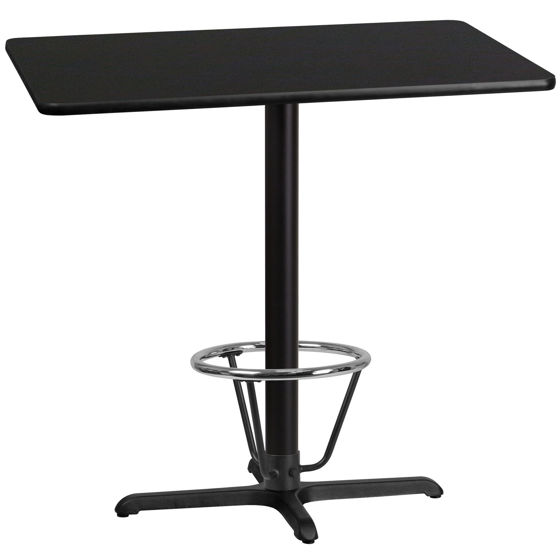 30'' x 42'' Rectangular Black Laminate Table Top with 23.5'' x 29.5'' Bar Height Table Base and Foot Ring XU-BLKTB-3042-T2230B-3CFR-GG