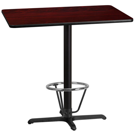 30'' x 42'' Rectangular Mahogany Laminate Table Top with 23.5'' x 29.5'' Bar Height Table Base and Foot Ring XU-MAHTB-3042-T2230B-3CFR-GG