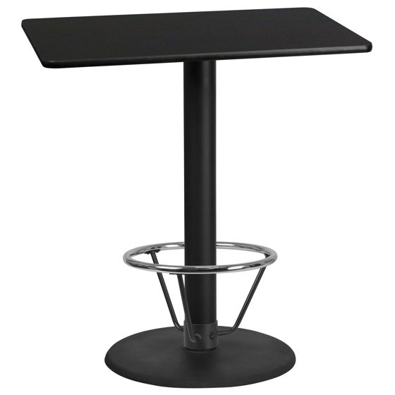 30'' x 42'' Rectangular Black Laminate Table Top with 24'' Round Bar Height Table Base and Foot Ring XU-BLKTB-3042-TR24B-4CFR-GG