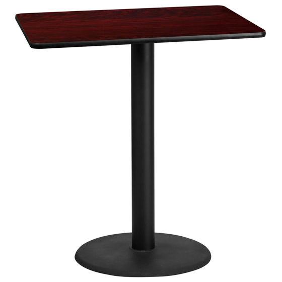 30'' x 42'' Rectangular Mahogany Laminate Table Top with 24'' Round Bar Height Table Base XU-MAHTB-3042-TR24B-GG