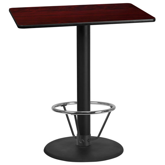 30'' x 42'' Rectangular Mahogany Laminate Table Top with 24'' Round Bar Height Table Base and Foot Ring XU-MAHTB-3042-TR24B-4CFR-GG