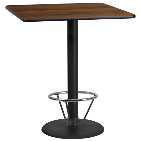 36'' Square Walnut Laminate Table Top with 24'' Round Bar Height Table Base and Foot Ring XU-WALTB-3636-TR24B-4CFR-GG