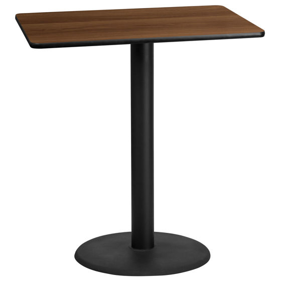 30'' x 42'' Rectangular Walnut Laminate Table Top with 24'' Round Bar Height Table Base XU-WALTB-3042-TR24B-GG