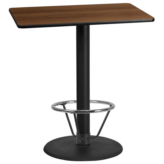 30'' x 42'' Rectangular Walnut Laminate Table Top with 24'' Round Bar Height Table Base and Foot Ring XU-WALTB-3042-TR24B-4CFR-GG