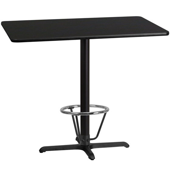 30'' x 48'' Rectangular Black Laminate Table Top with 23.5'' x 29.5'' Bar Height Table Base and Foot Ring XU-BLKTB-3048-T2230B-3CFR-GG