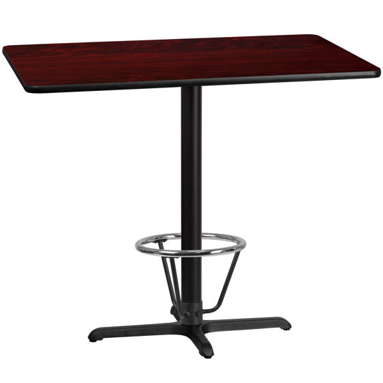 30'' x 48'' Rectangular Mahogany Laminate Table Top with 23.5'' x 29.5'' Bar Height Table Base and Foot Ring XU-MAHTB-3048-T2230B-3CFR-GG