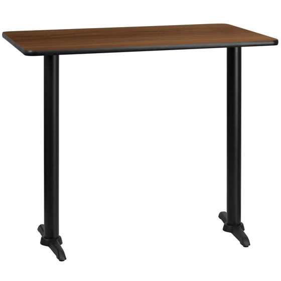 30'' x 48'' Rectangular Walnut Laminate Table Top with 5'' x 22'' Bar Height Table Bases XU-WALTB-3048-T0522B-GG