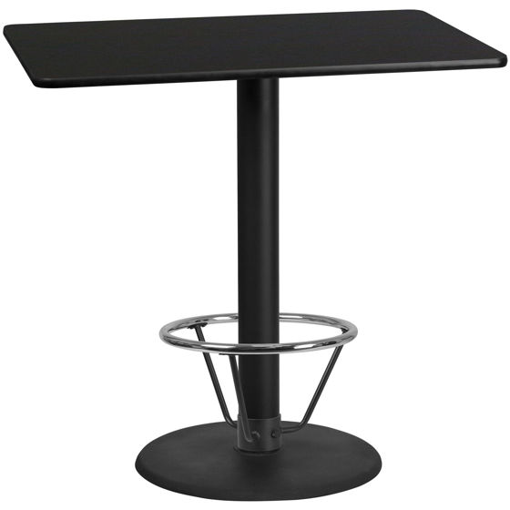 30'' x 48'' Rectangular Black Laminate Table Top with 24'' Round Bar Height Table Base and Foot Ring XU-BLKTB-3048-TR24B-4CFR-GG