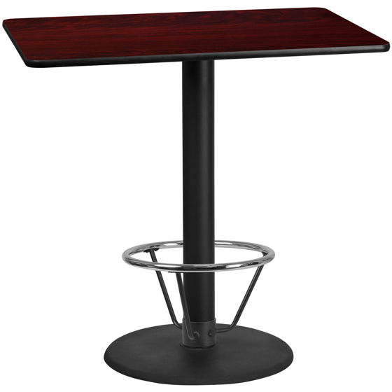 30'' x 48'' Rectangular Mahogany Laminate Table Top with 24'' Round Bar Height Table Base and Foot Ring XU-MAHTB-3048-TR24B-4CFR-GG