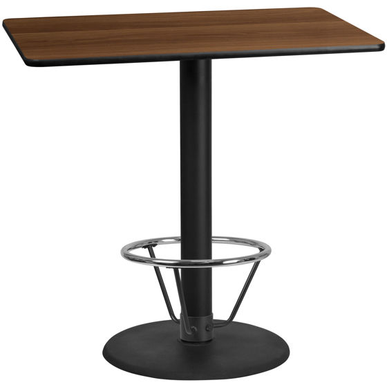 30'' x 48'' Rectangular Walnut Laminate Table Top with 24'' Round Bar Height Table Base and Foot Ring XU-WALTB-3048-TR24B-4CFR-GG