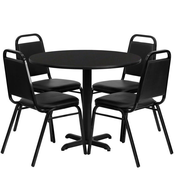36'' Round Black Laminate Table Set with X-Base and 4 Black Trapezoidal Back Banquet Chairs HDBF1001-GG