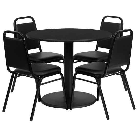 36'' Round Black Laminate Table Set with Round Base and 4 Black Trapezoidal Back Banquet Chairs RSRB1001-GG
